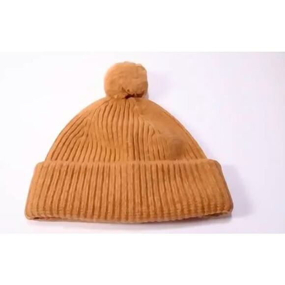 LUXTON Women's Ribbed Cashmere Wool Pom Pom Beanie Hat NIB 220 Camel One Size - Picture 11 of 11